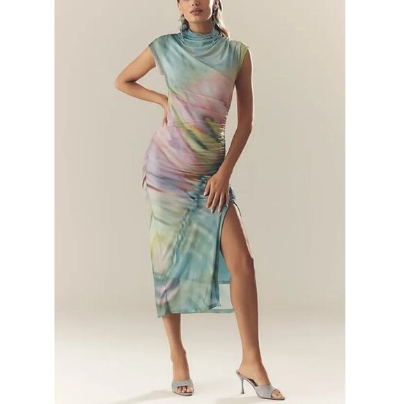Anthropologie Dresses & Skirts - Anthropologie The Maya Ruched Cowl-Neck Mesh Dress Green Pattern Watercolor M